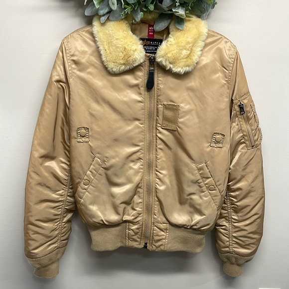 Alpha Industries B-15 Bomber Jacket Gold Nylon Removable Faux Fur Collar XS - Picture 1 of 16